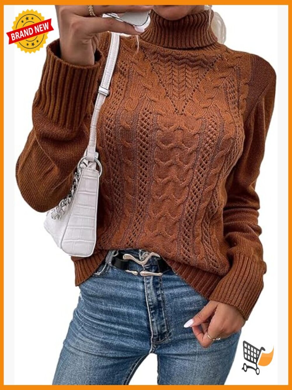 Women Cable Knit Turtleneck Long Sleeve Sweater Pullover Slim Fit Turtleneck